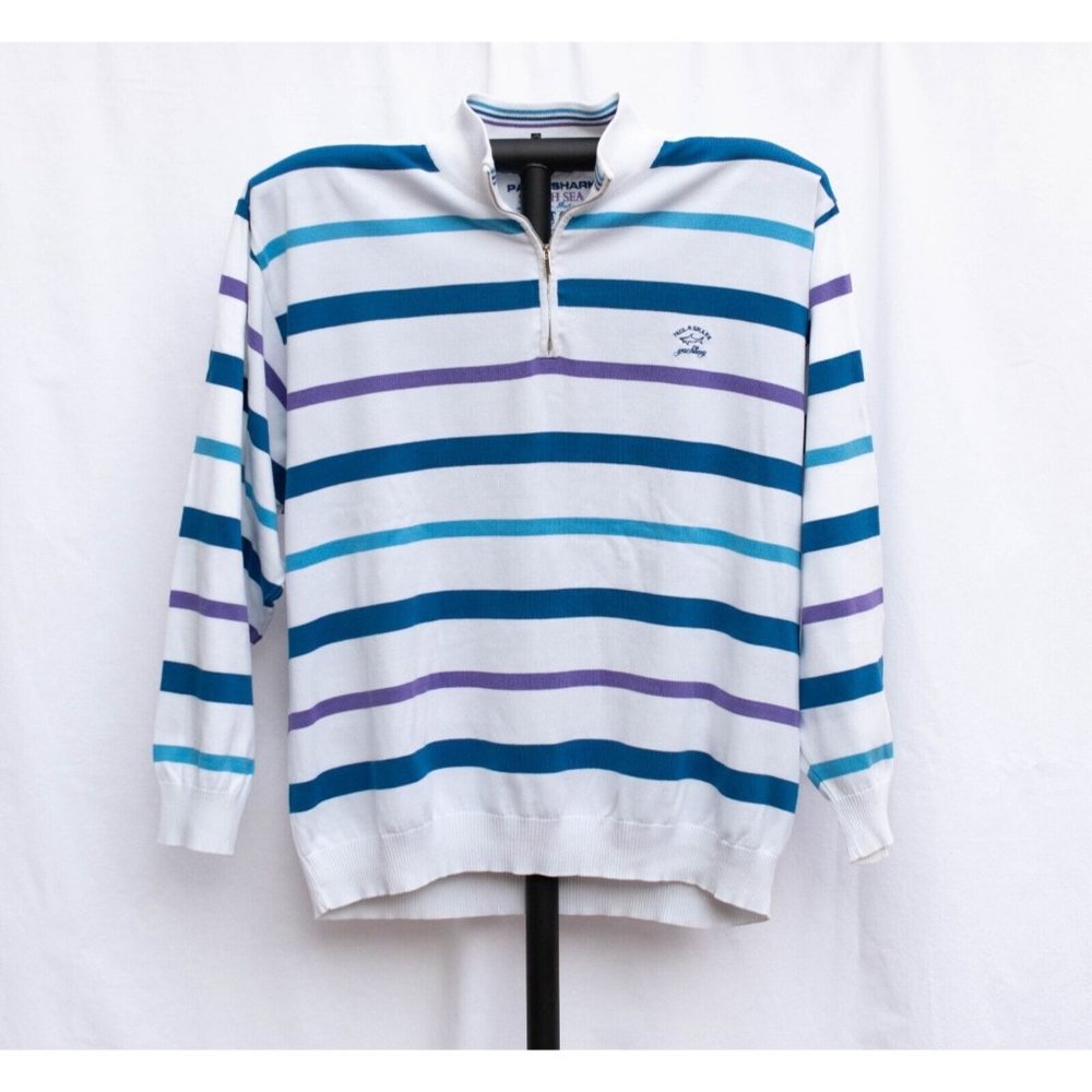 PAUL & SHARK Yachting White Blue‎ Purple Cotton 1/4-Zip Pullover 2XL Italy AS IS